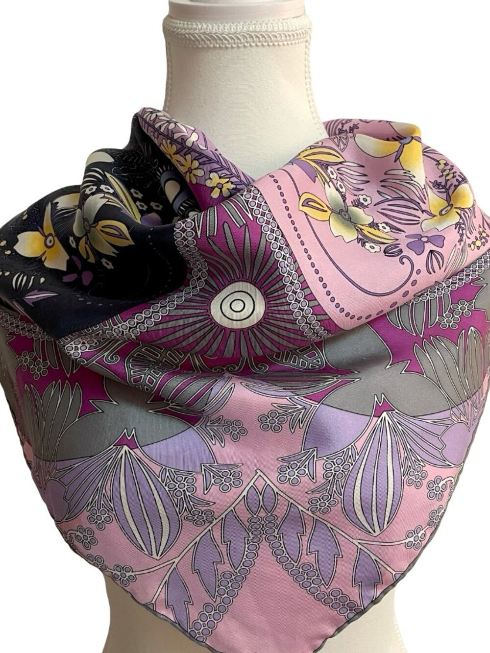 Floral Geometric 100% Silk Square Scarf Pink Purple 34 x 34